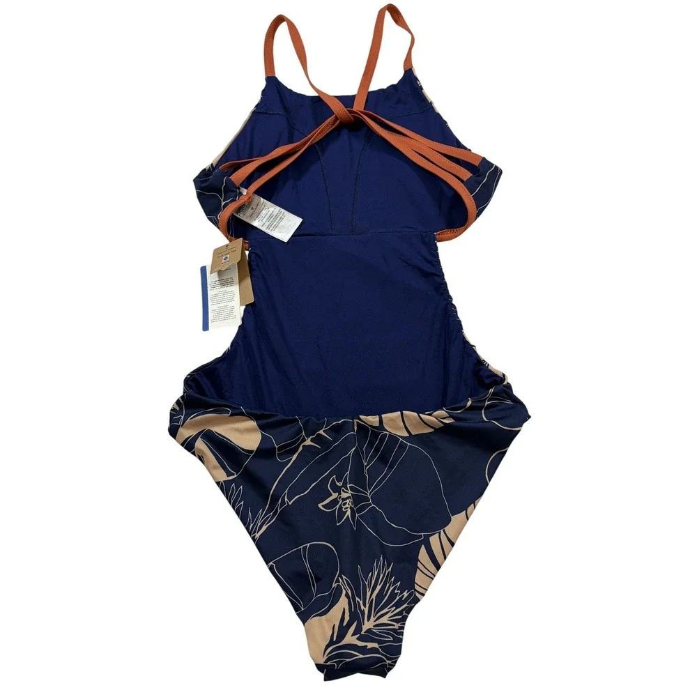 Patagonia Womens Nireta One Piece Swimsuit Navy Blue Floral Cutout High Neck M